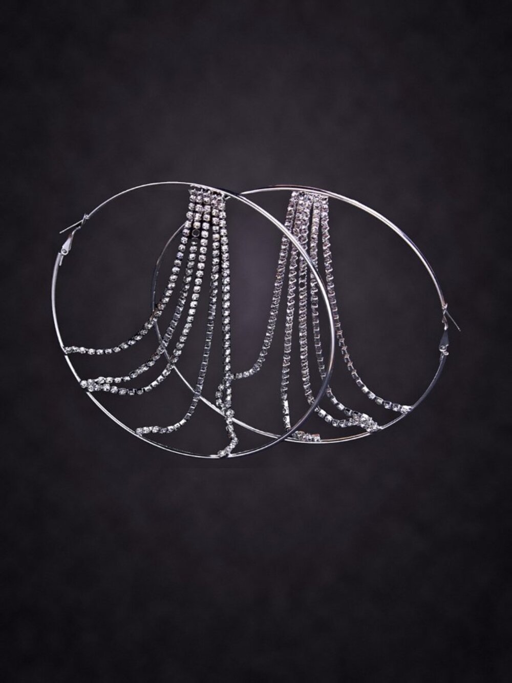 Oversized Thin Hoop Earrings with Draped Rhinestone Chains, Platinum Plated NWT